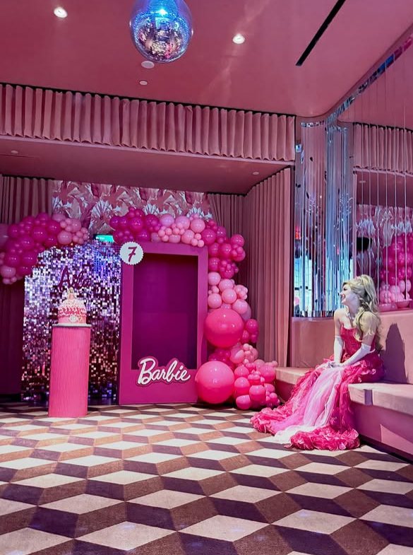 Luxe soft play scene with ball pit and balloon backdrop